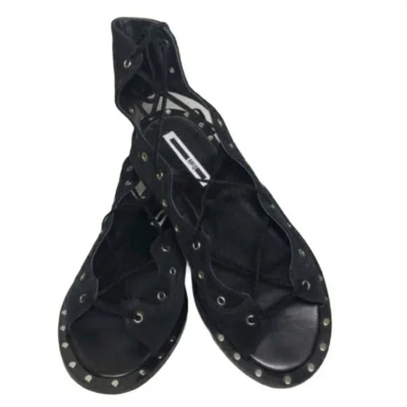 McQ Alexander McQueen Black Open Toe Lace Up Flats - Picture 8 of 12